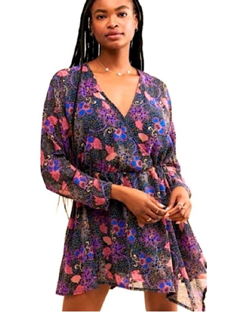 Free People Teegan Mini Dress in Twilight Combo. Faux Wrap Boho Long Sleeve. Med - Picture 1 of 15
